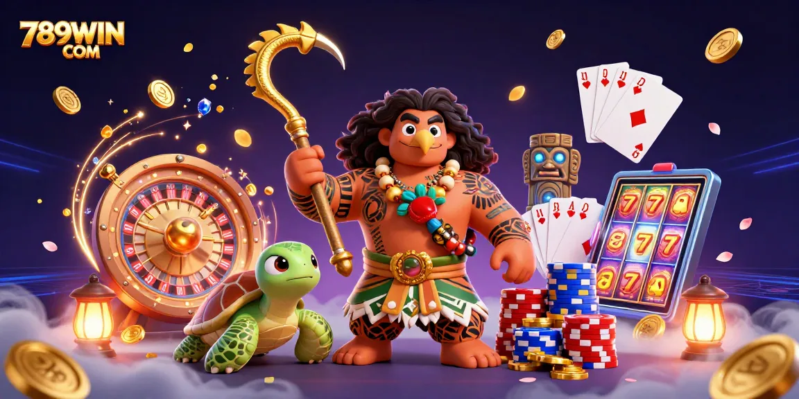 Win big with 789WIN COM as a Polynesian demigod battles with a golden fish hook among casino riches.